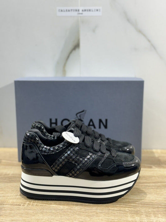 Hogan H283 Sneaker Donna Maxi Zeppa  Pelle Nera Luxury Casual Hogan Woman 35.5