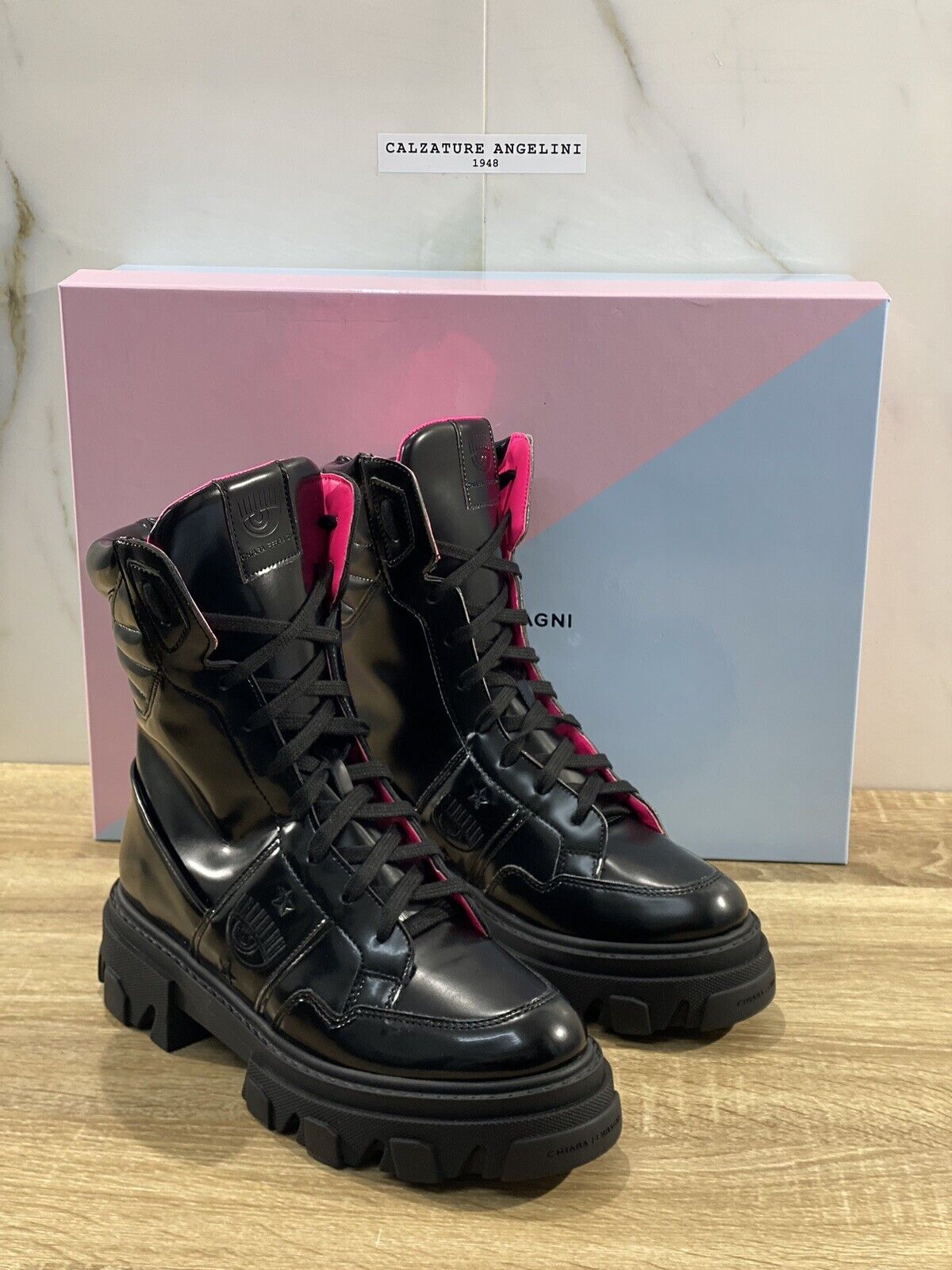 Chiara Ferragni combat boot pelle nera vegan casual boot 37