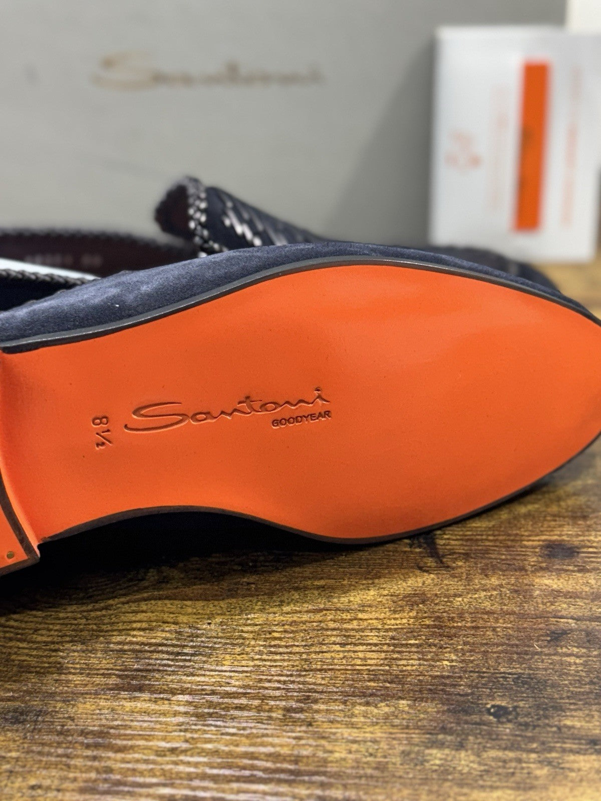 Santoni Mocassino Intrecciato Blu Suede Pelle Luxury Men  Goodyear  Uomo 42.5