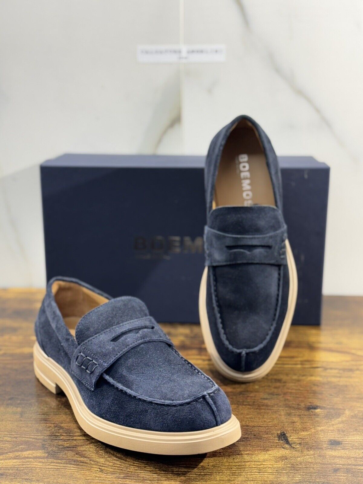 Boemos Mocassino Uomo Fondo Gomma Extra Light Suede Blu   Made In Italy 44