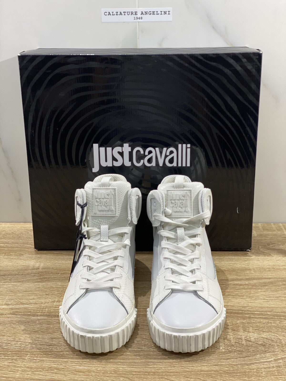 Just Cavalli Sneaker Uomo High Top Pelle bianca Casual Shoes Men 41