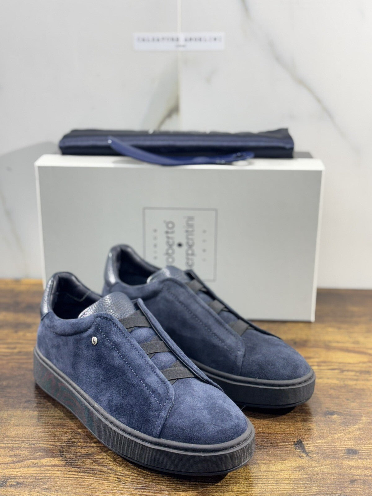 Roberto Serpentini Slip On  Pelle Blu Suede  Luxury Handmade Men Shoes 44