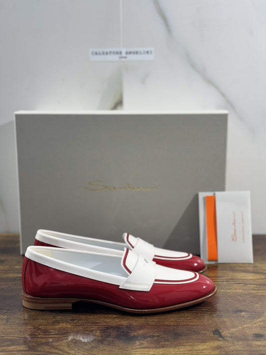 Santoni Mocassino Donna Pelle  Rosso Bicolor  Luxury Casual Loafer Santoni 36