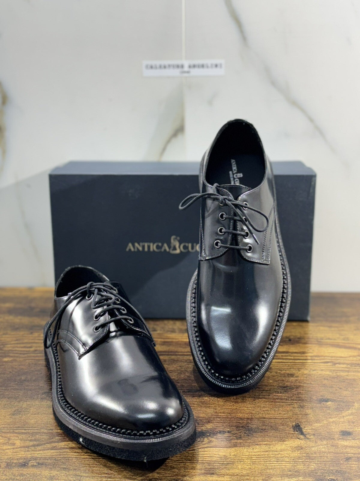 Antica Cuoieria Derby Uomo Pelle Nera Fondo Gomma Causal Men Shoe 45