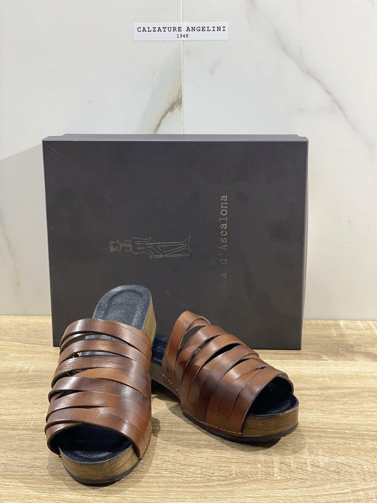 Duca D’ascalona Zoccolo Nanette Donna Fatto A Mano Vero Legno Pelle Cuoio 40