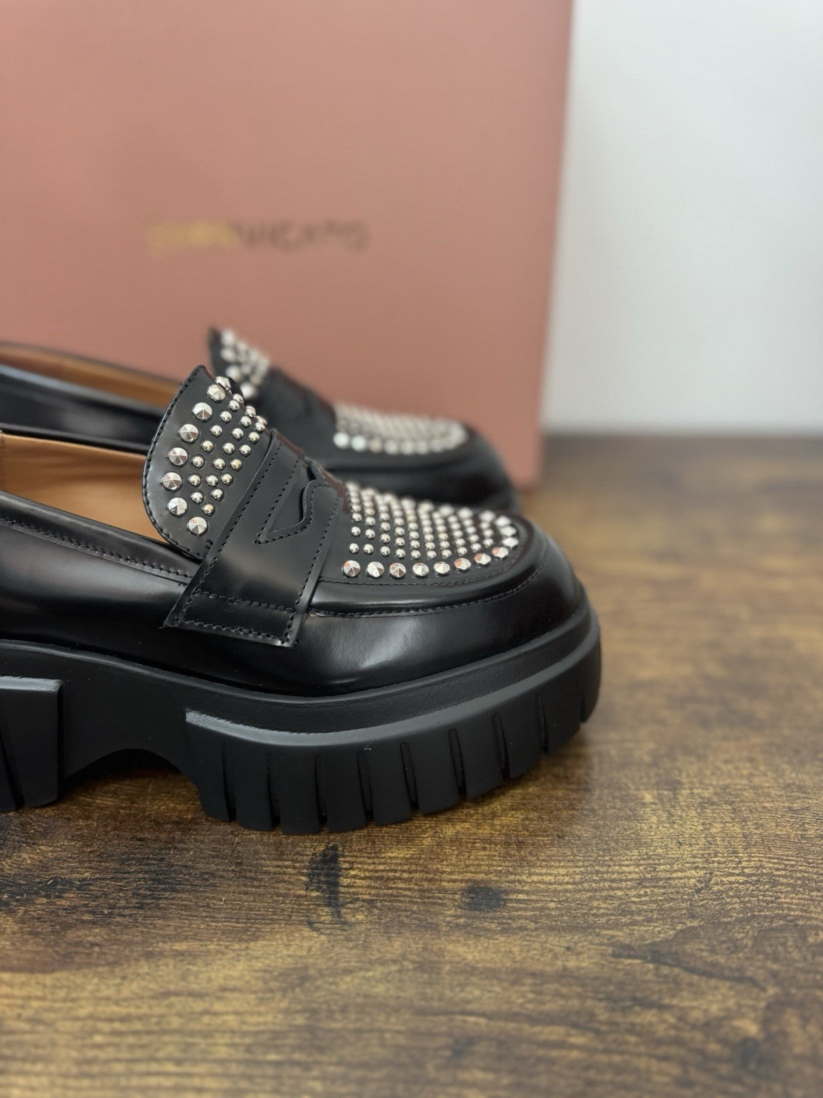 Bervicato Mocassino Pelle Nero Borchie  Zeppa Extra Light Casual Donna 35