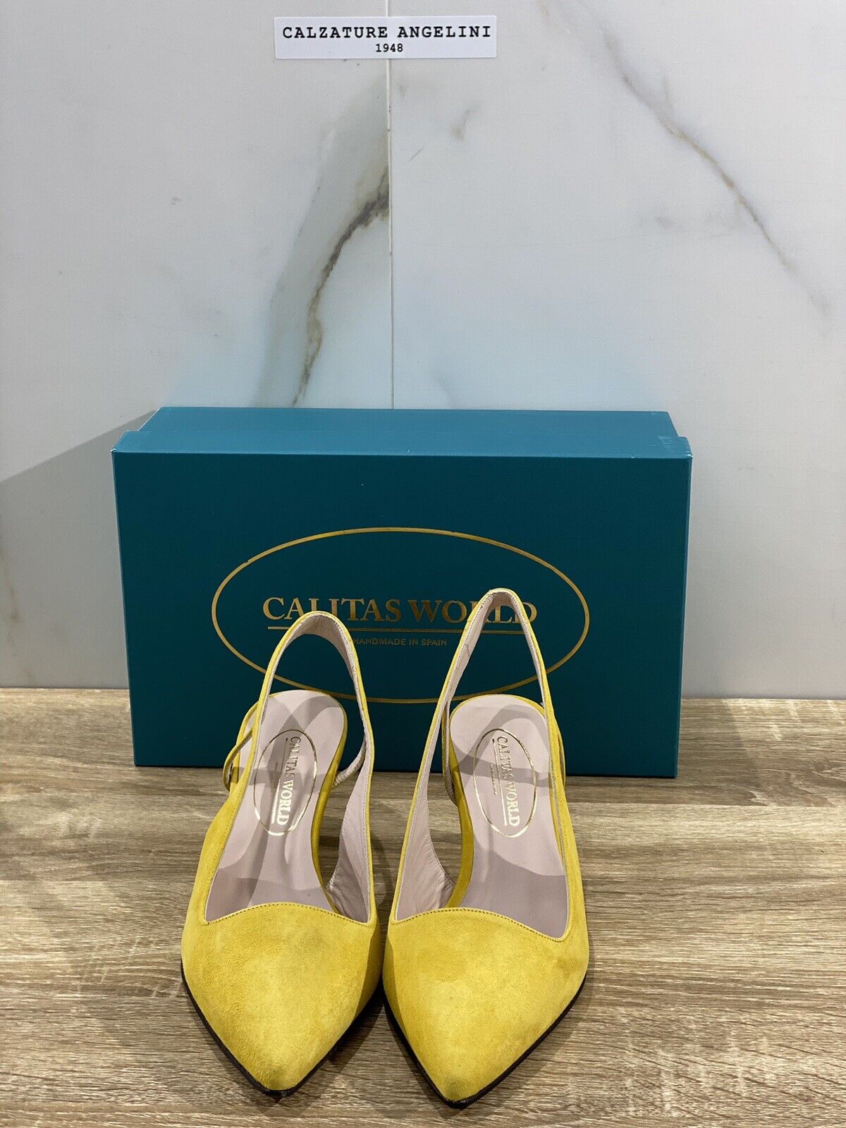 Calitas Scarpa Donna Slingback Kitten In Suede Amarillo Fondo Cuoio 38