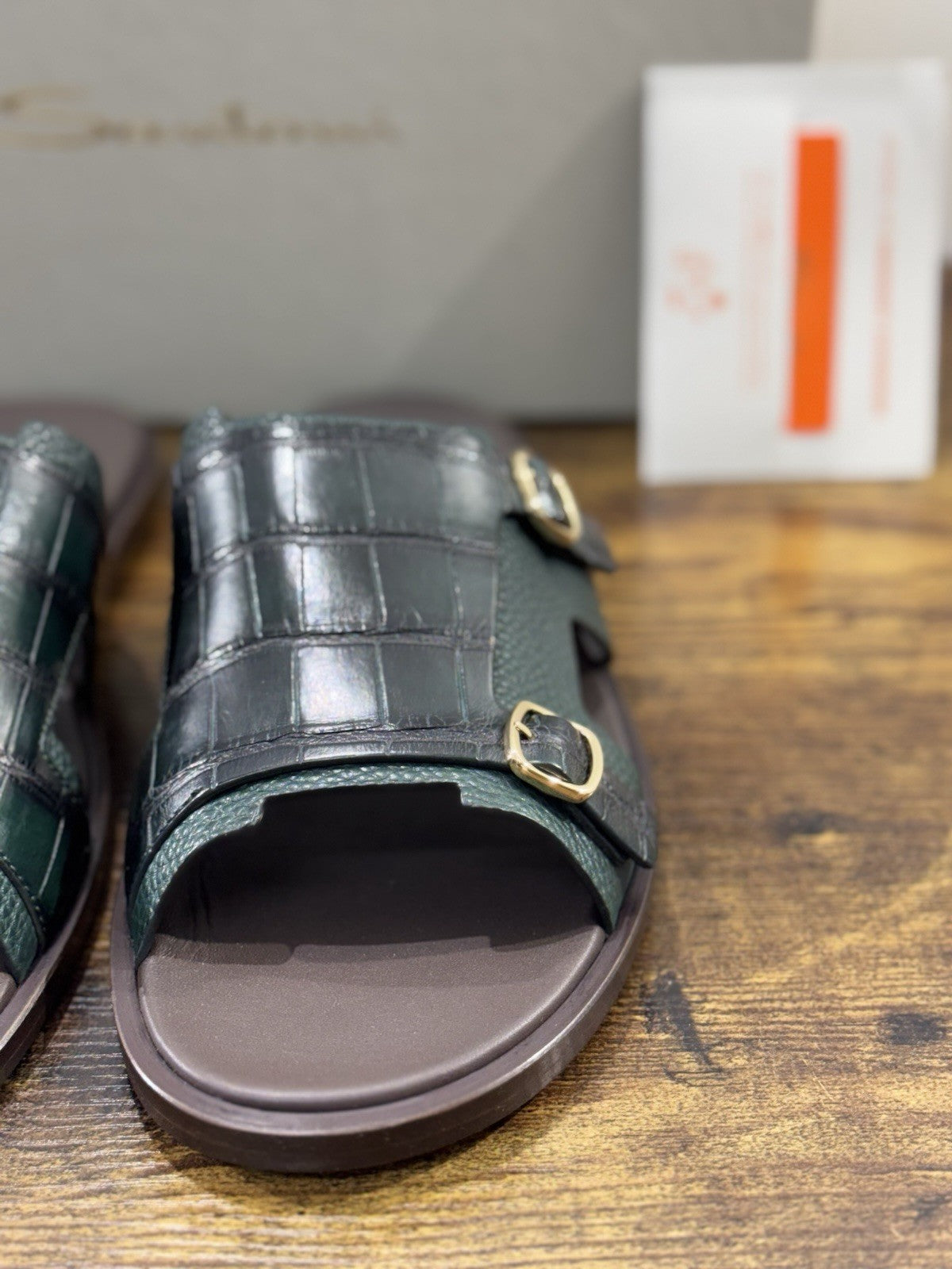Santoni Sandalo Doppia Fibbia  Pelle Verde  Luxury Santoni Sandali Uomo 46