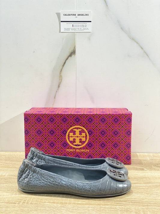 Tory Burch Minnie Travel Ballet In Pelle Soft Croco Grey Luxury Woman Shoe 36