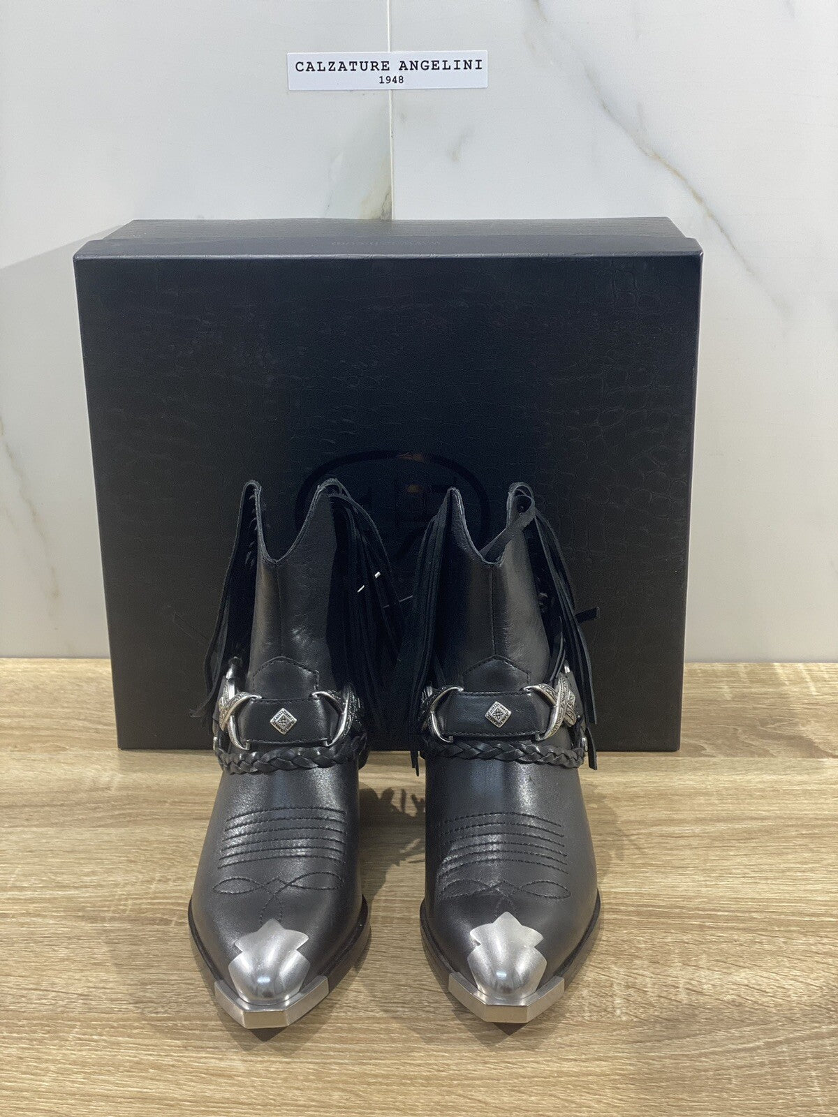 Ash texano Donna freak pelle nera frange casual boot 37