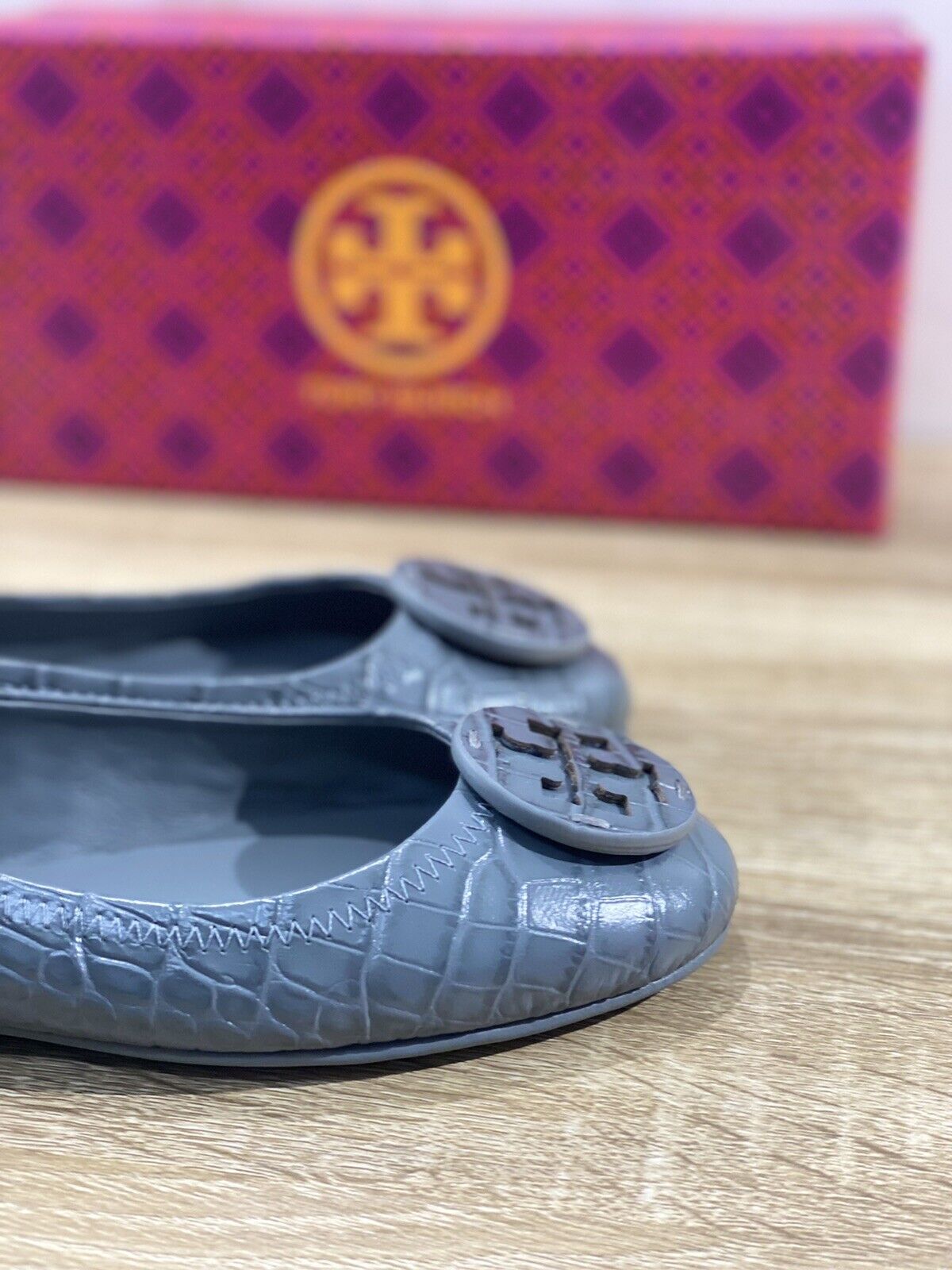 Tory Burch Minnie Travel Ballet In Pelle Soft Croco Grey Luxury Woman Shoe 36.5