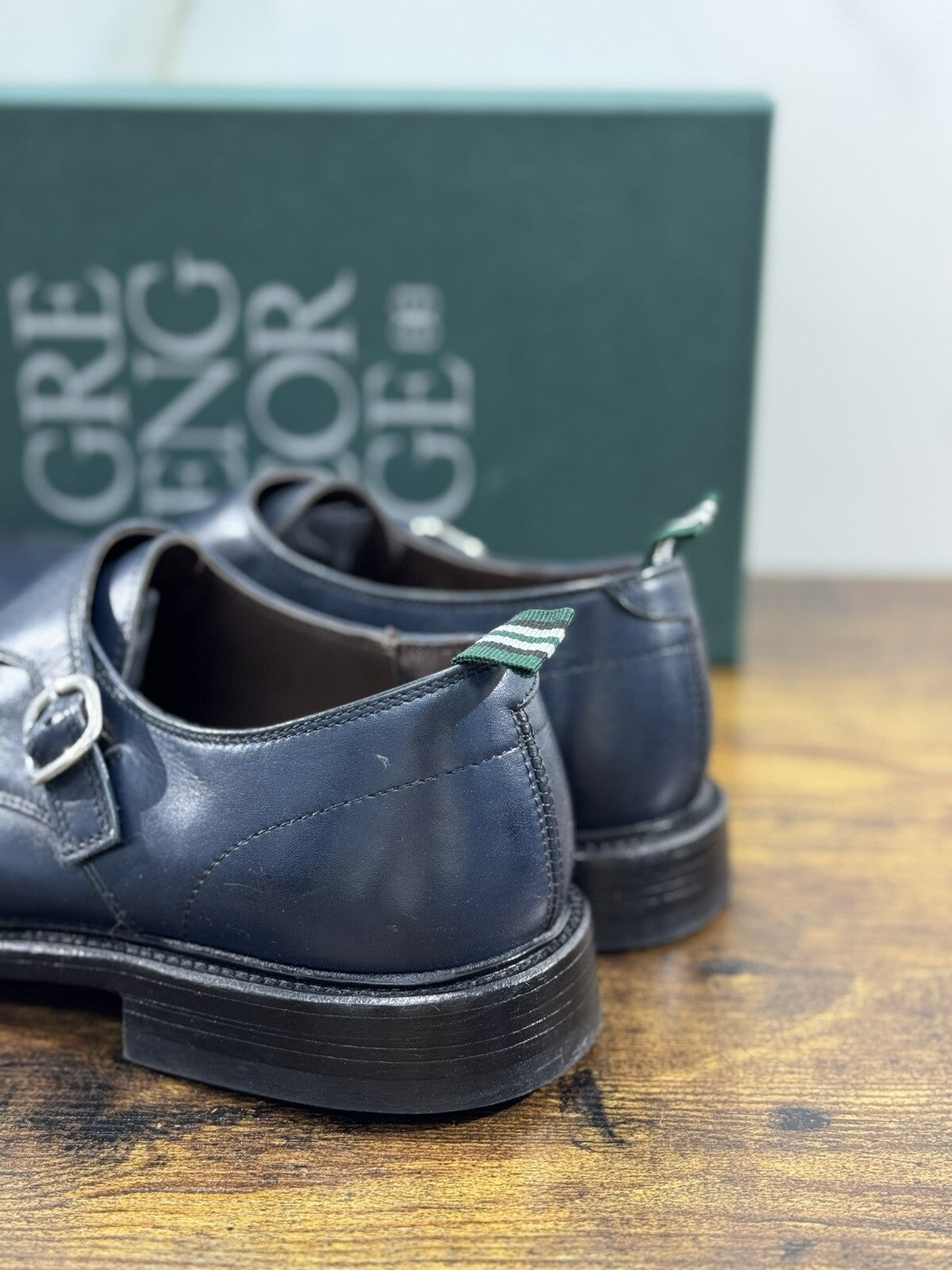 Green George Scarpa Uomo Doppia Fibbia Pelle Blu   Luxury Handmade 44