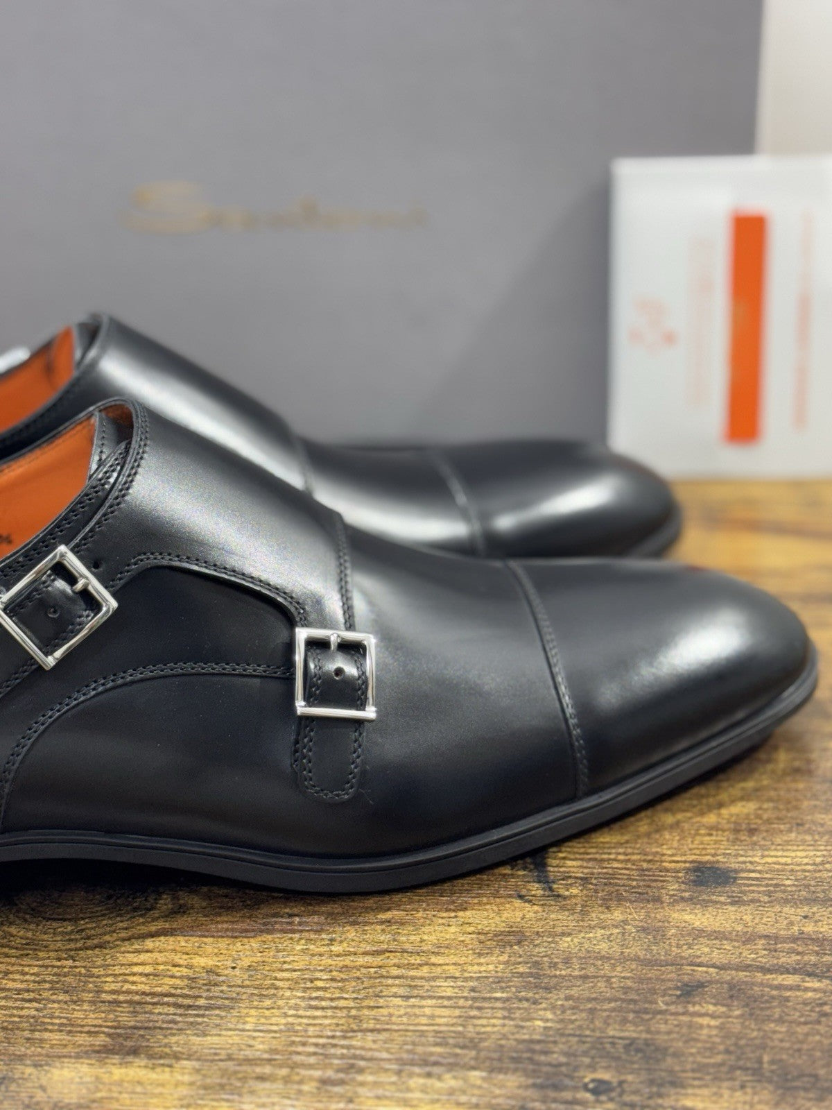 Santoni Doppia Fibbia Pelle Nero Fondo Gomma     Luxury Santoni Scarpa Uomo 43.5