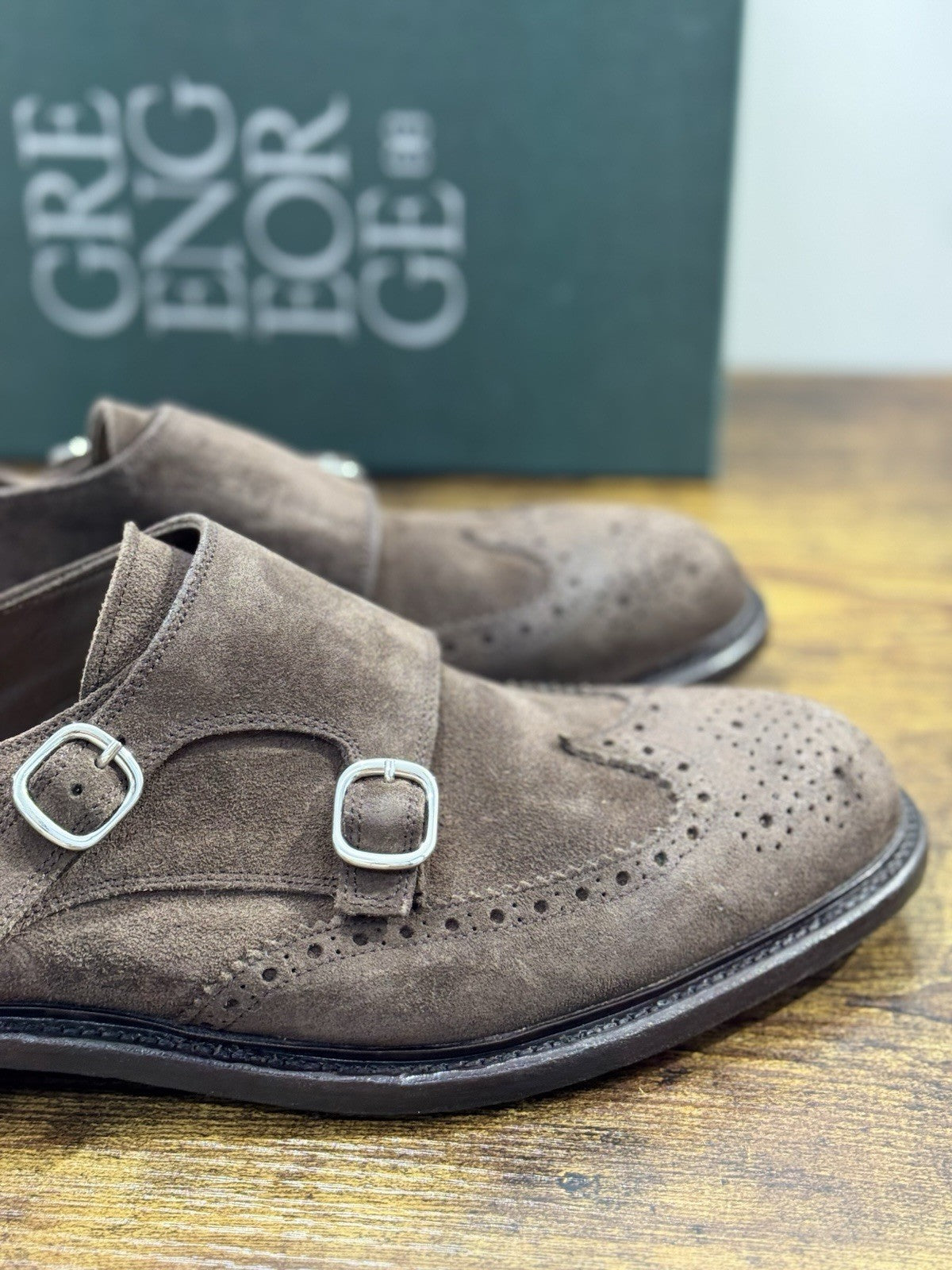 Green George Scarpa Uomo Doppia Fibbia Suede Brown    Luxury Handmade 42