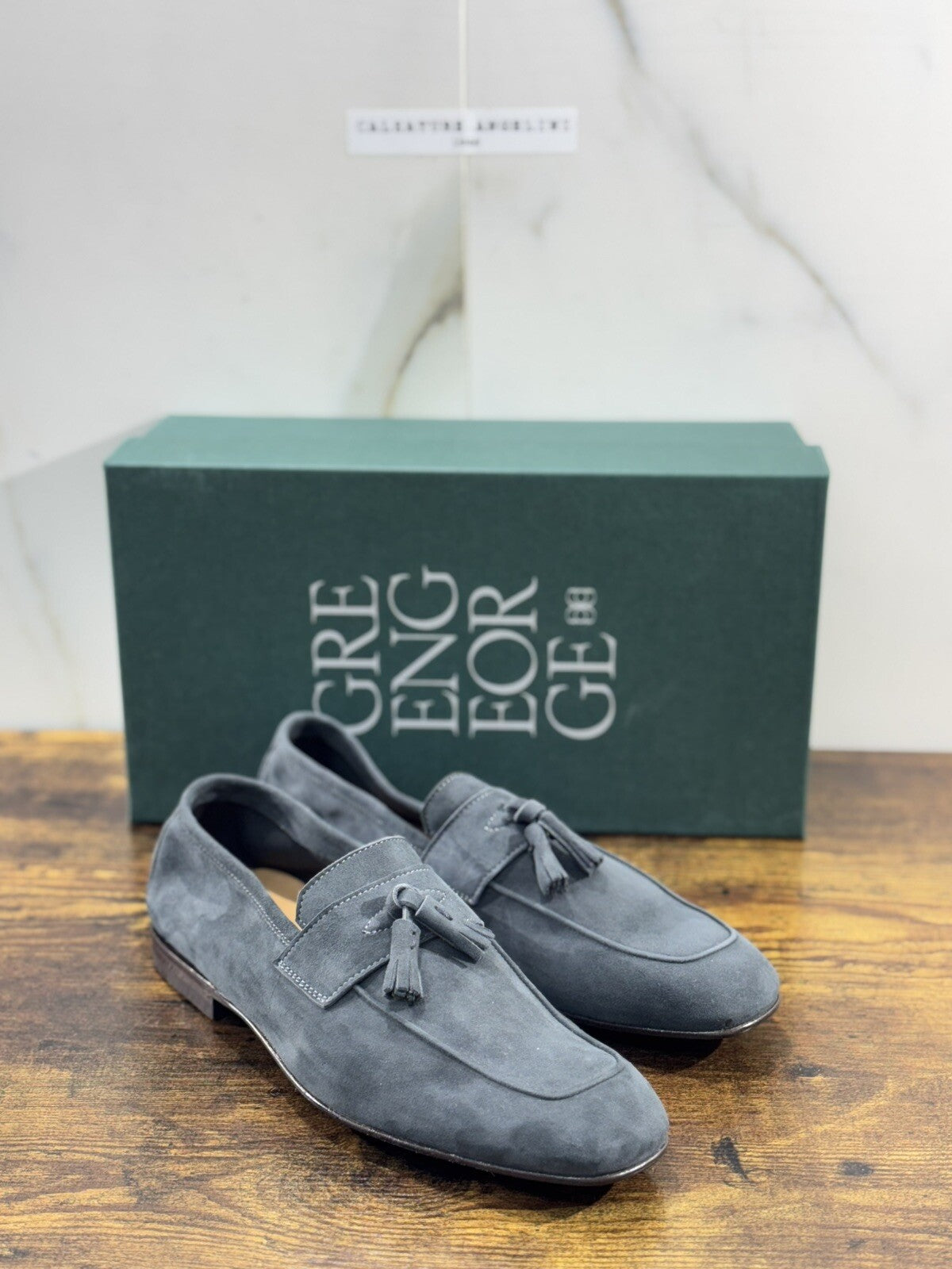 Green George Scarpa Uomo Mocassino Nappe    Pelle Suede Blu   Luxury Handmade 44