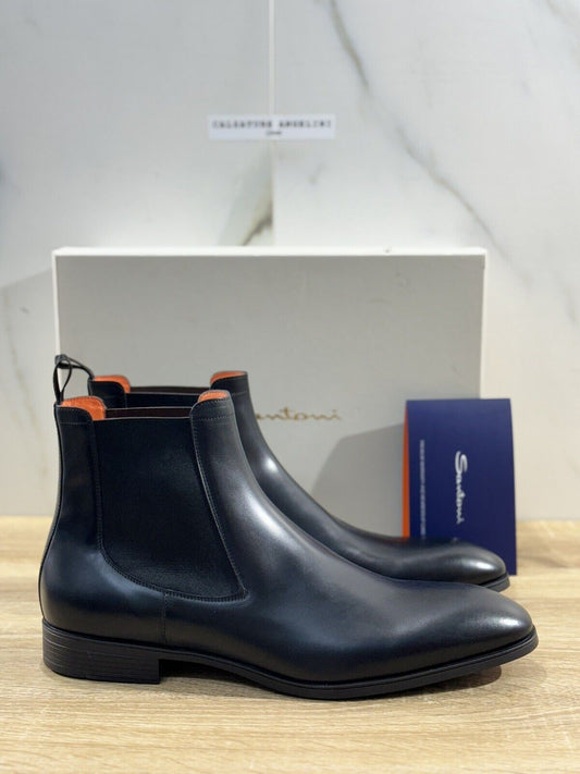 Santoni Stivaletto Uomo Chelsea  Boot Pelle Nero Luxury Men Boot Santoni 45