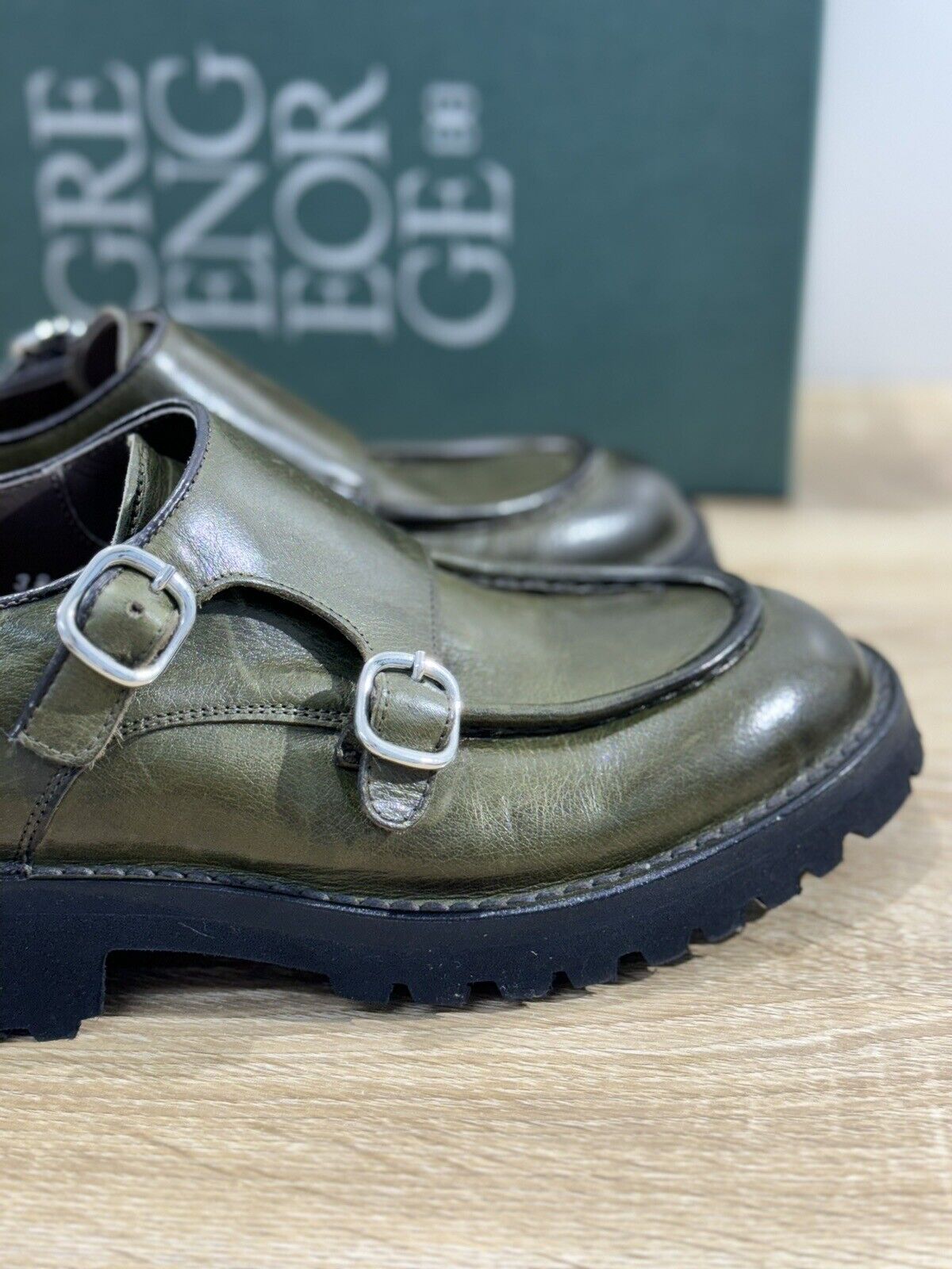 Green George Mocassino Donna Doppia Fibbia  Pelle Verdone Luxury Handmade 38