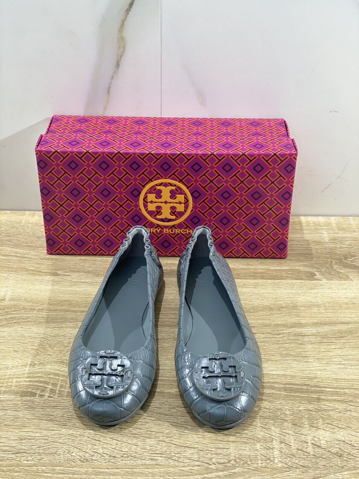 Tory Burch Minnie Travel Ballet In Pelle Soft Croco Grey Luxury Woman Shoe 36