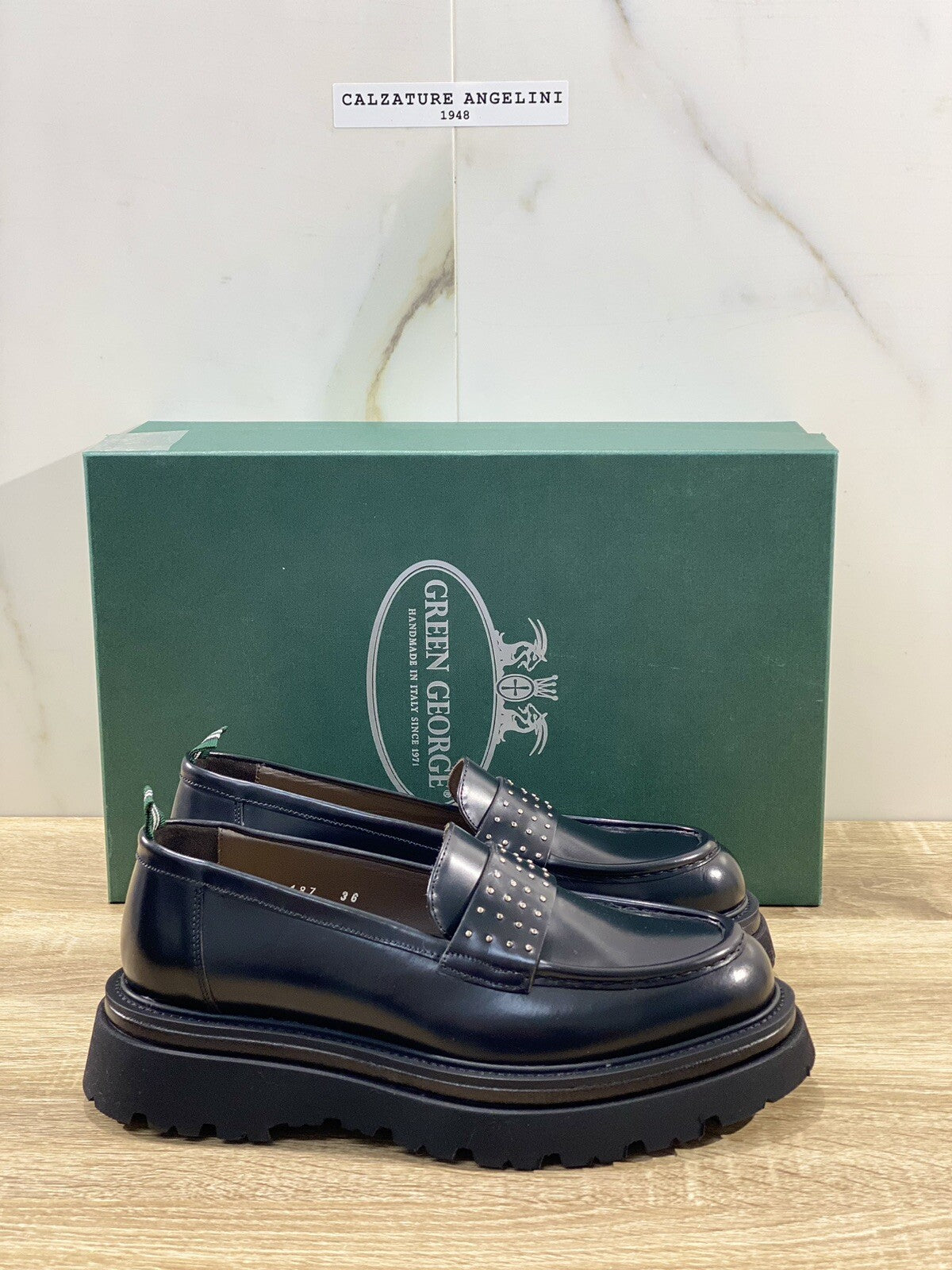 Green George Mocassino donna pelle Nera Polish Leather Extra Light Borchie 36