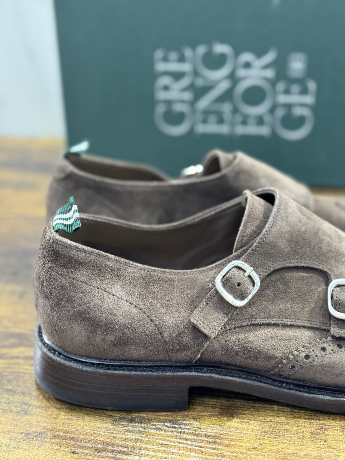 Green George Scarpa Uomo Doppia Fibbia Suede Brown    Luxury Handmade 42