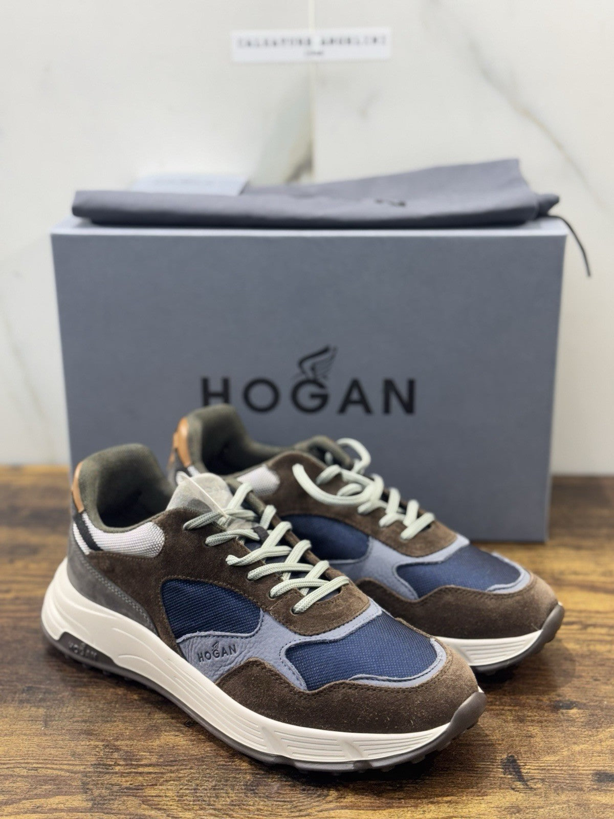 Hogan New Hyperlight Sneaker Pelle Brown Blu Memory Foam Luxury Hogan Uomo 40.5