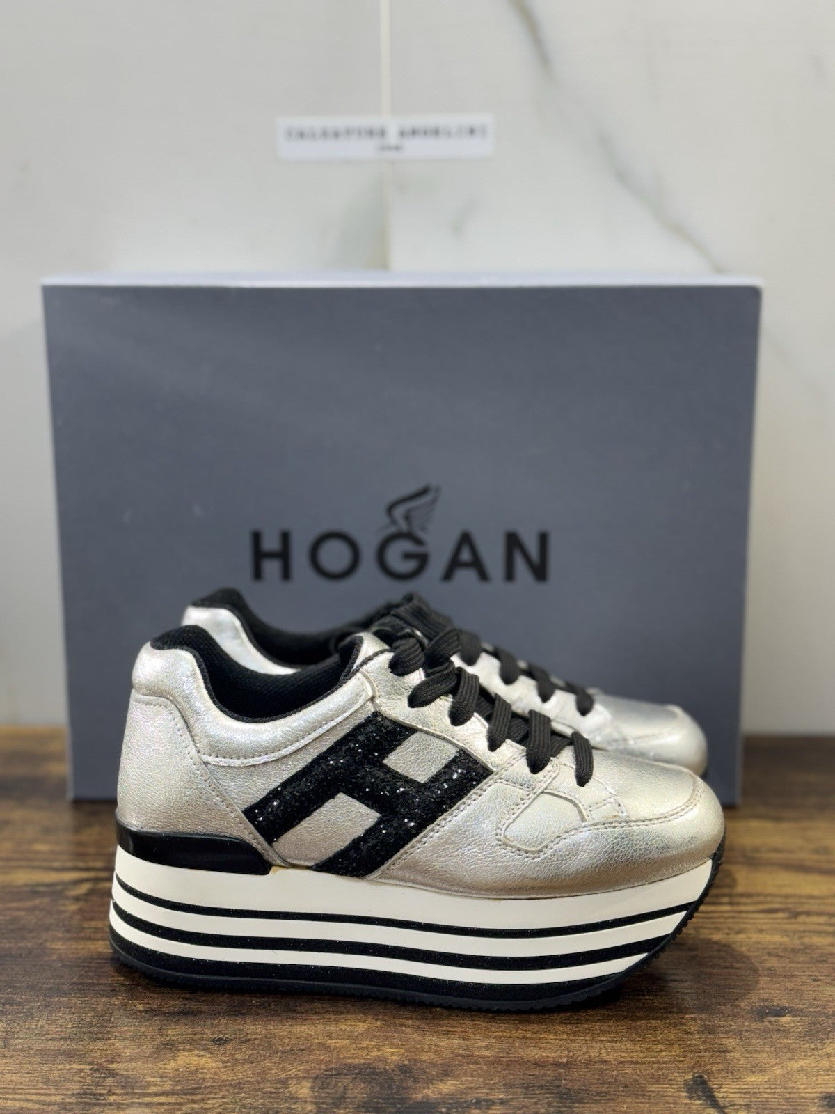 Hogan H283 Sneaker Zeppa Pelle Argento  Casual Hogan Donna 36
