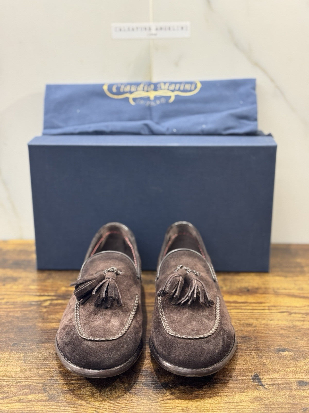 Claudio Marini Calzolaio Mocassino Fatto A Mano Suede Marrone Nappine Uomo 41