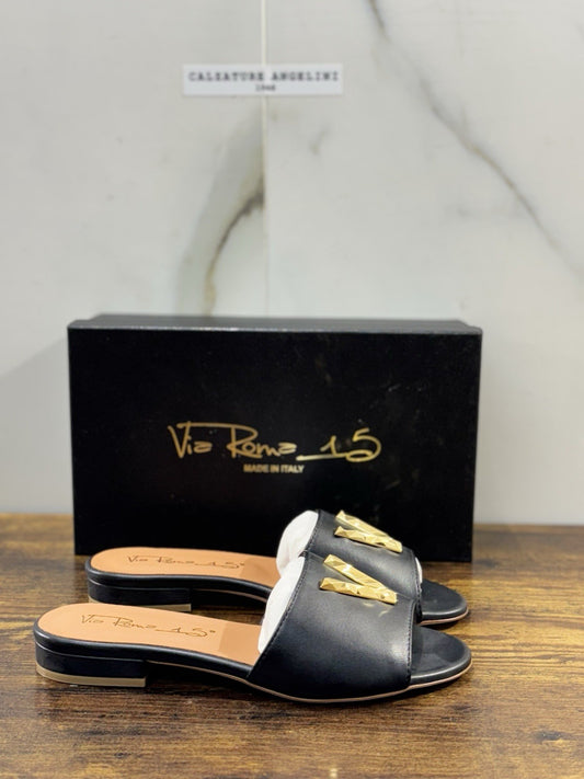 Via Roma 15 Ciabatta Pelle Nera V Logo  Donna 37
