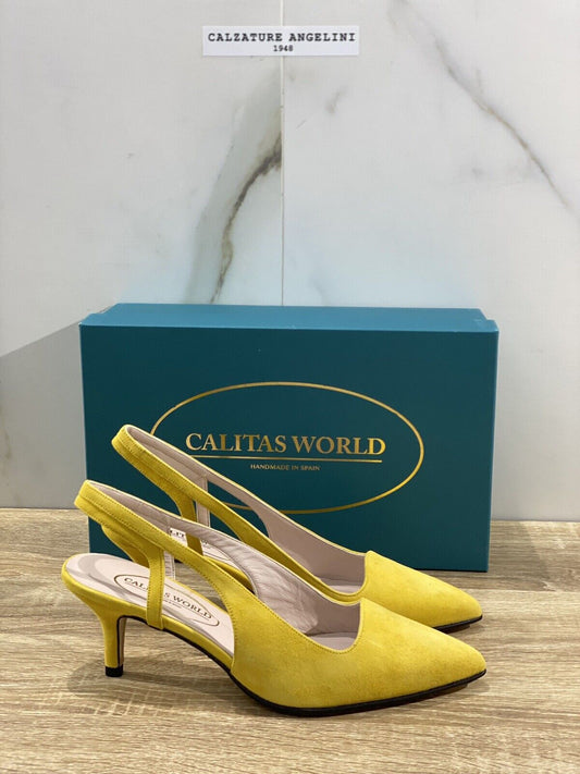 Calitas Scarpa Donna Slingback Kitten In Suede Amarillo Fondo Cuoio 38