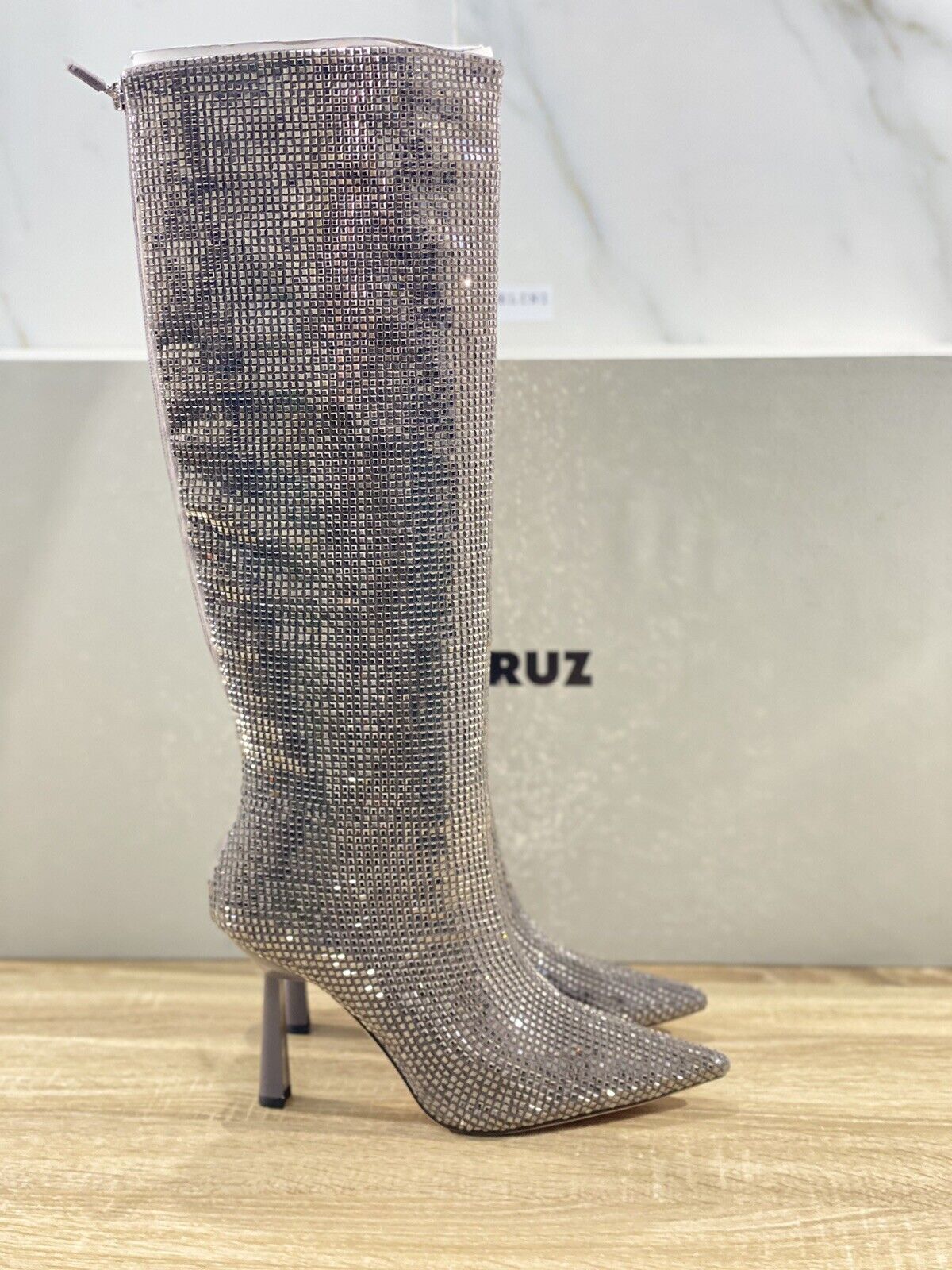 Lola Cruz stivale alto con strass plomo gun metal luxury boot woman 38