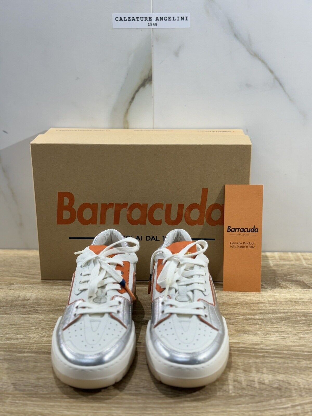 Barracuda Sneaker Donna Pelle Bianca Argento   Casual Woman Handmade Sneaker 39