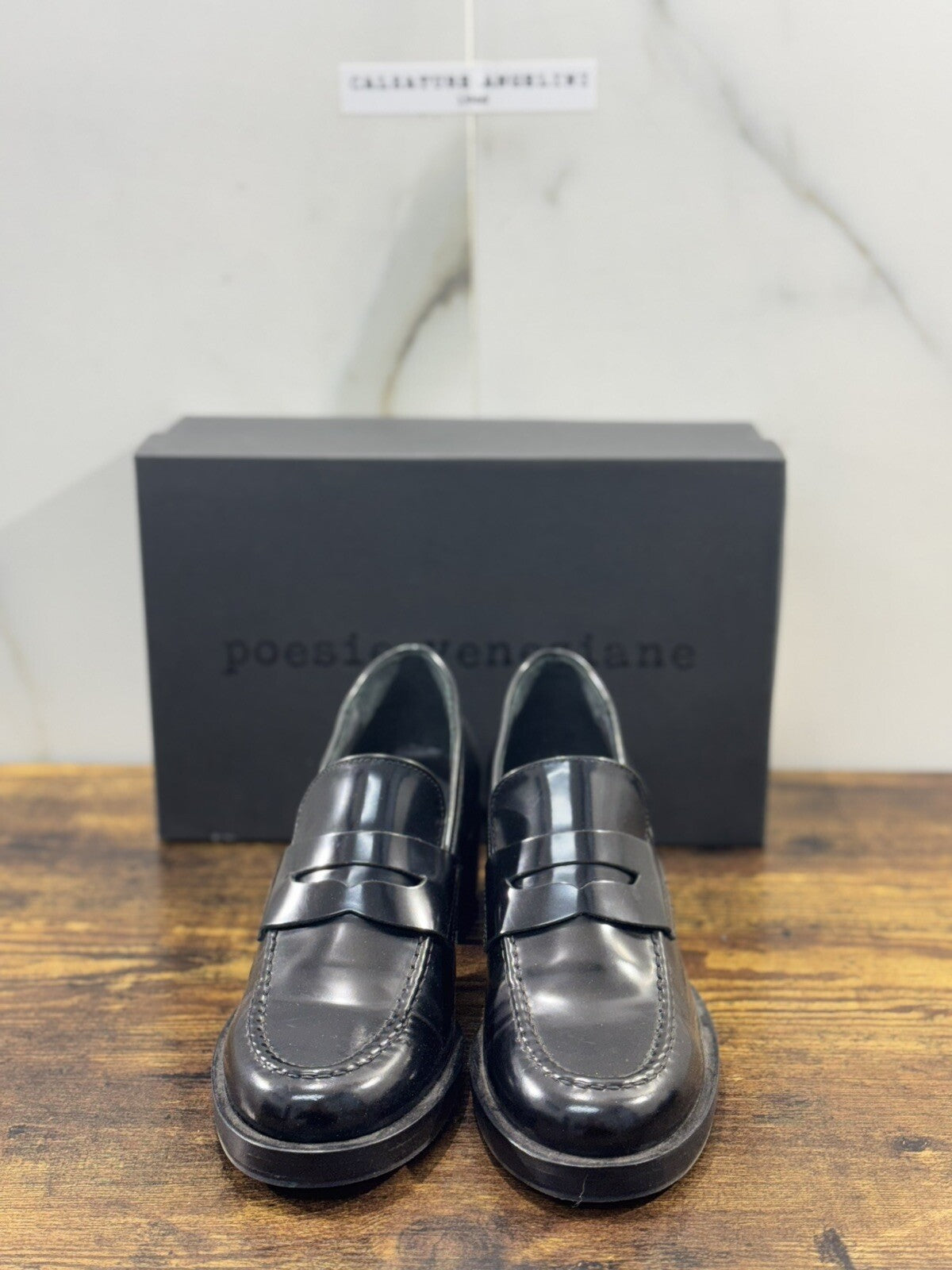 Poesie Veneziane Mocassino Donna Pelle Nera Con Tacco   Casual Loafer 41