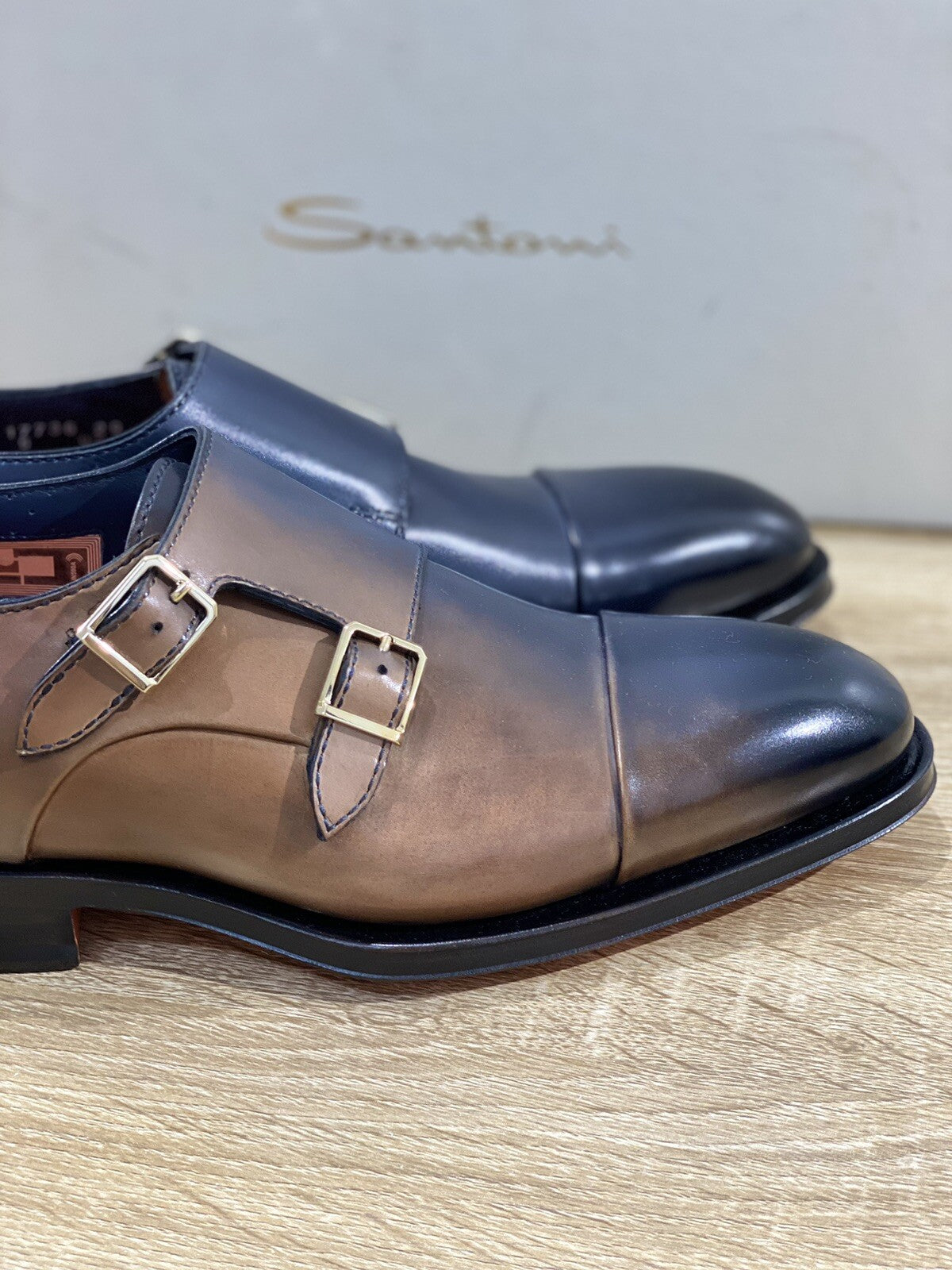 Santoni Doppia Fibbia Uomo In Pelle Blu Bicolor Lux Goodyear Double Buckle 41