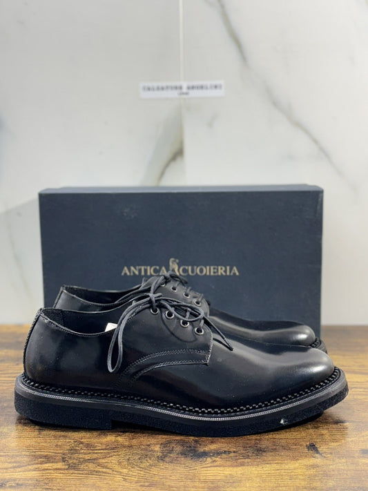 Antica Cuoieria Derby Uomo Pelle Nera Fondo Gomma Causal Men Shoe 45
