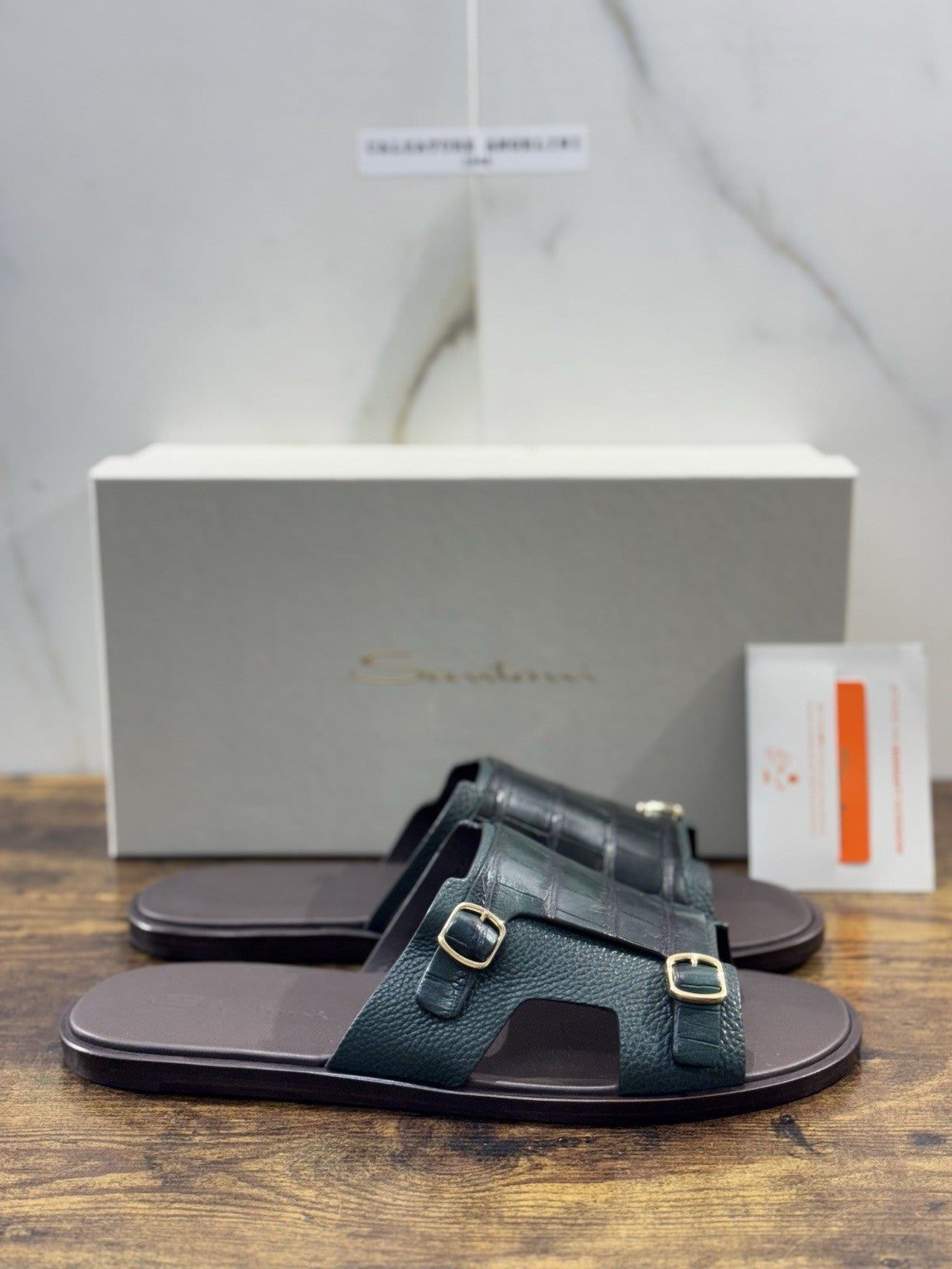 Santoni Sandalo Doppia Fibbia  Pelle Verde  Luxury Santoni Sandali Uomo 46