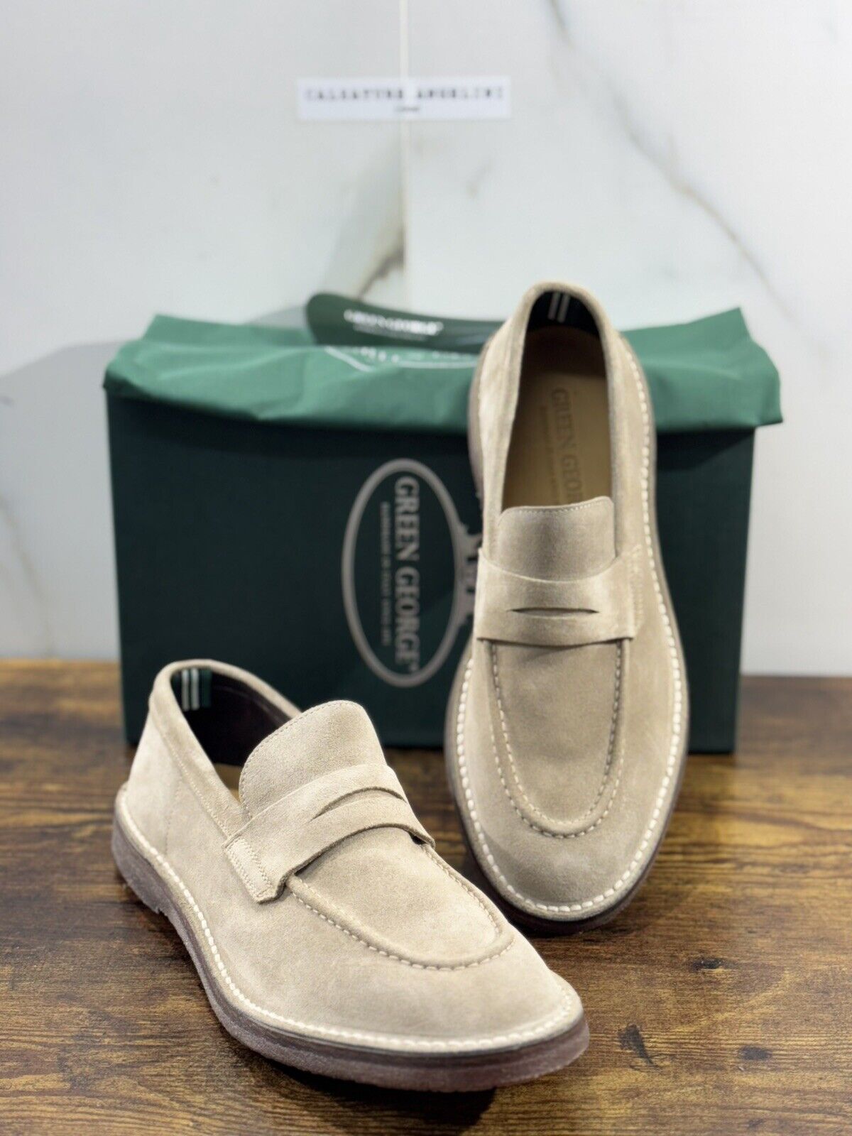 Green George Mocassino Uomo  Suede Beige    Luxury Handmade Men 42.5