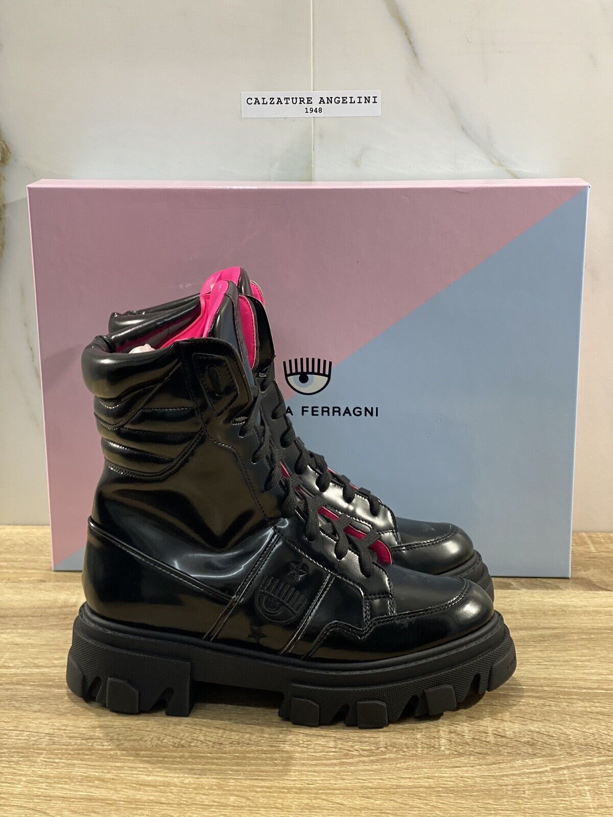 Chiara Ferragni combat boot pelle nera vegan casual boot 39