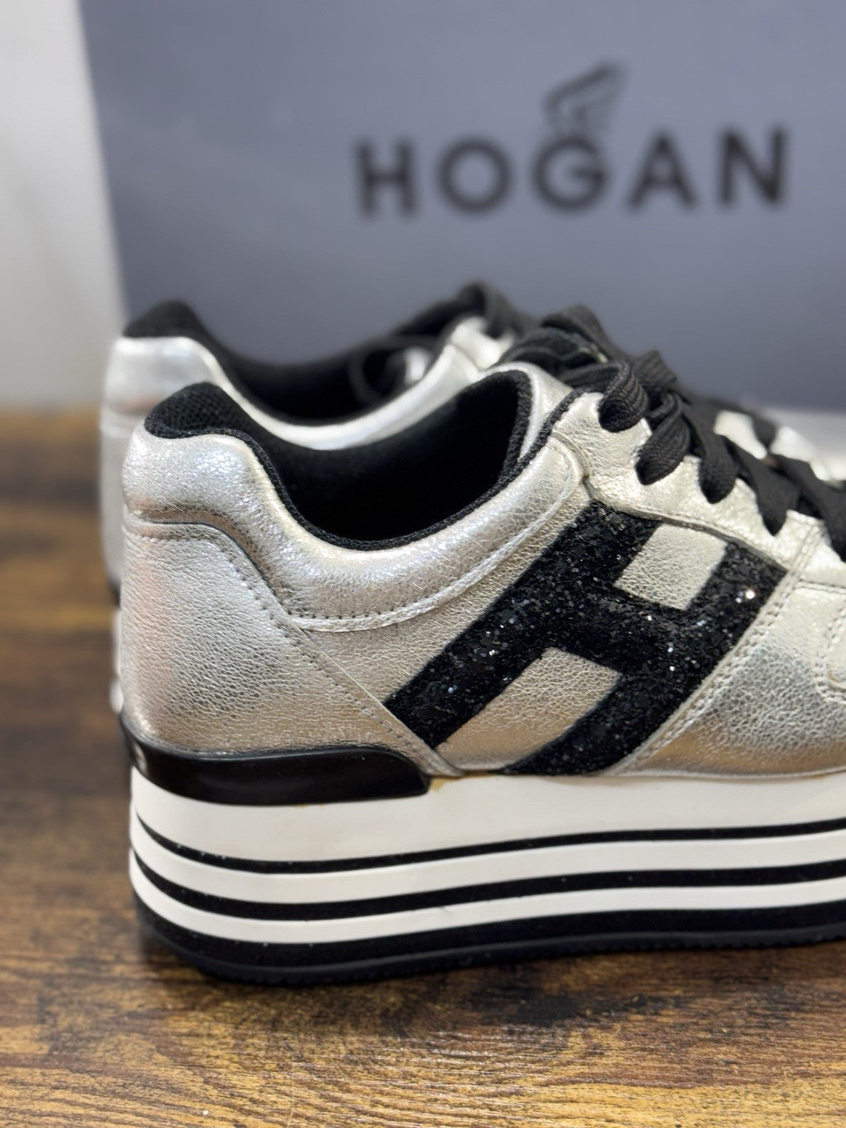 Hogan H283 Sneaker Zeppa Pelle Argento  Casual Hogan Donna 36