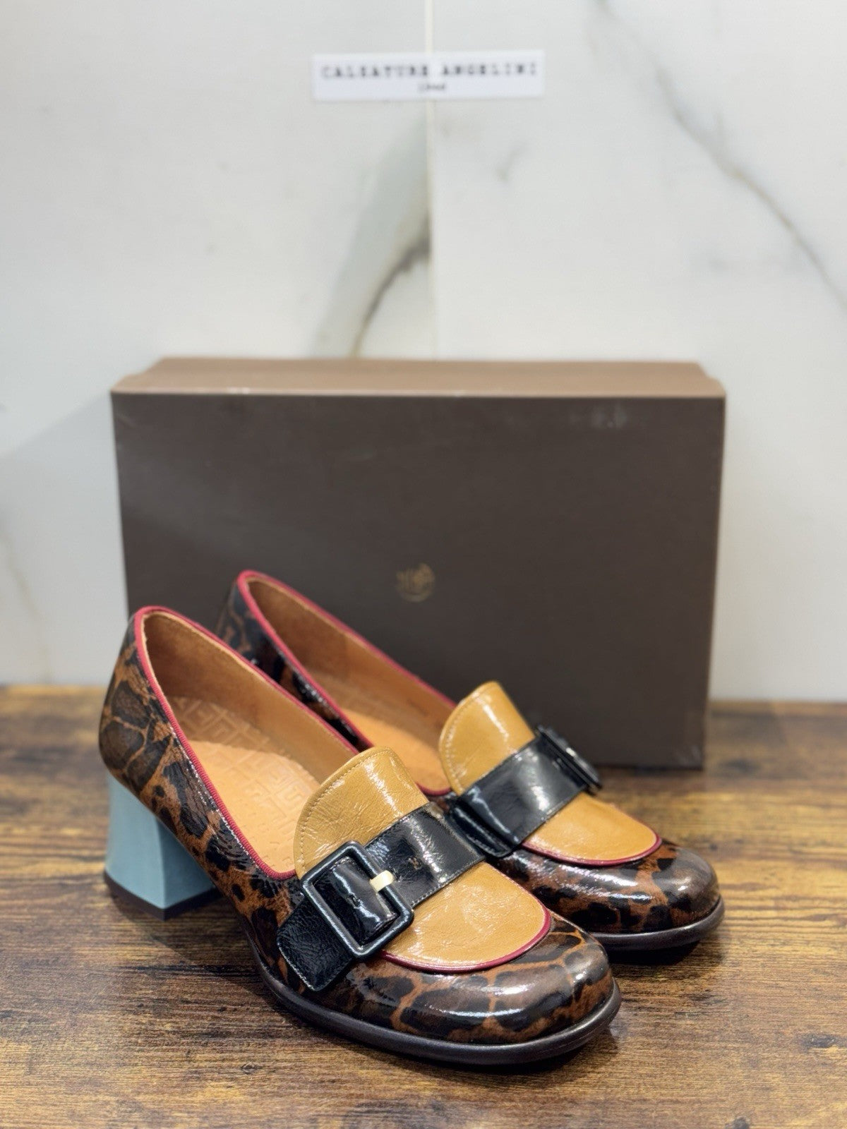 Chie Mihara Mocassino Meisin Pelle Nero Leopard  Con Tacco Donna 38