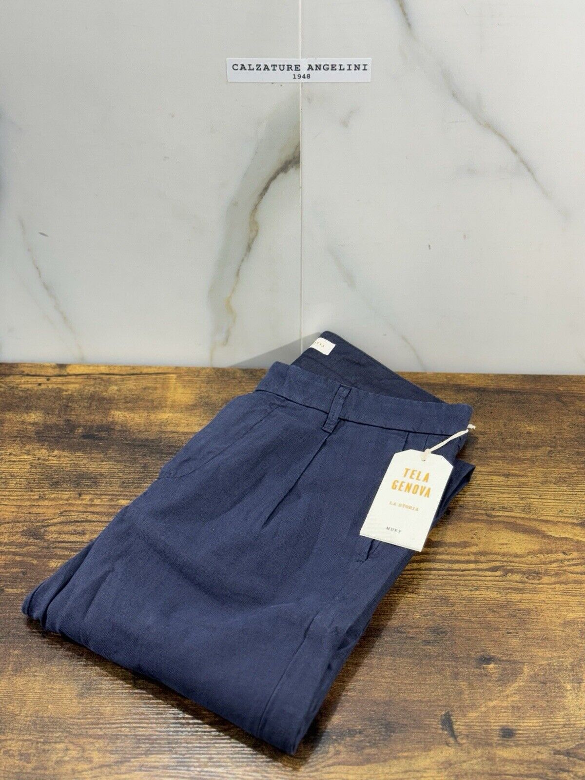 Tela Genova Pantalone Uomo Blu Cotone E Lino Fatto A Mano 35