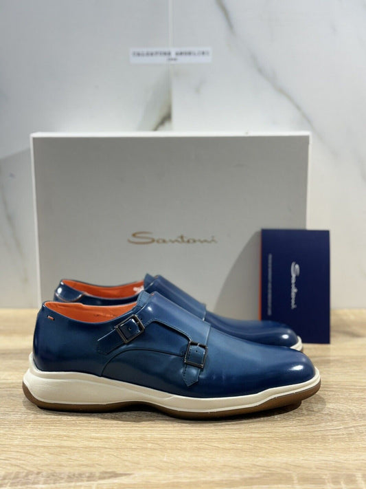 Santoni Doppia Fibbia   Uomo  Pelle Blu     Men Shoes Santoni Luxury 43