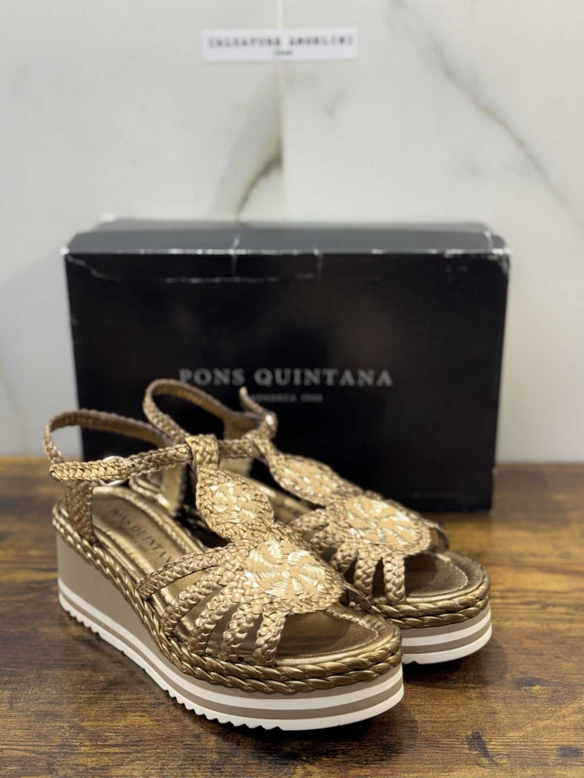 Pons Quintana Sandalo Donna   Pelle Bronzo Handmade Con Zeppa 41