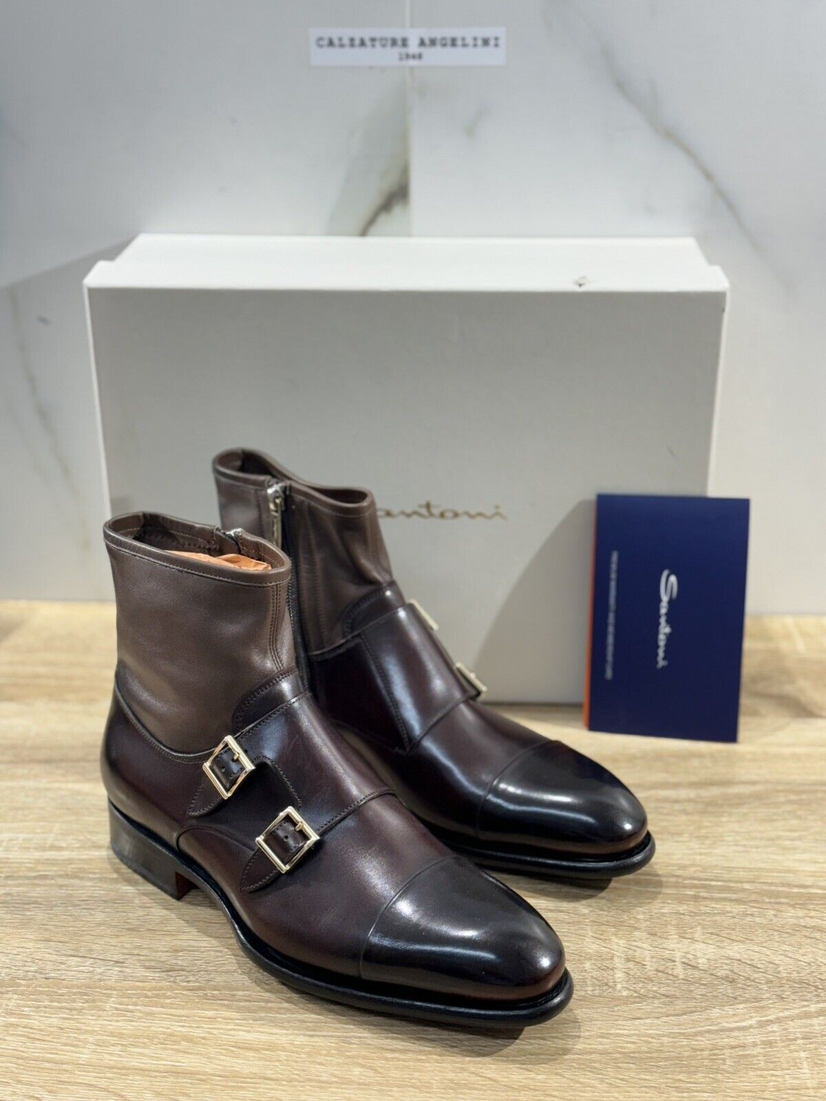 Santoni Doppia Fibbia Uomo Stivaletto Pelle Marrone Luxury Men Boot Santoni 46