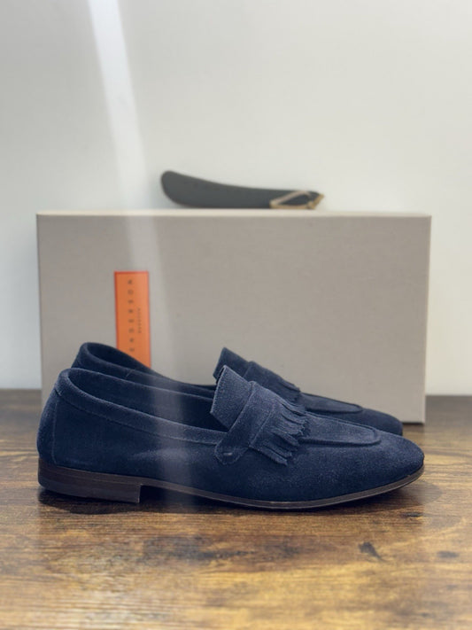 Henderson Baracco Mocassino  Pelle Suede Blu  Luxury Handmade Uomo 43.5