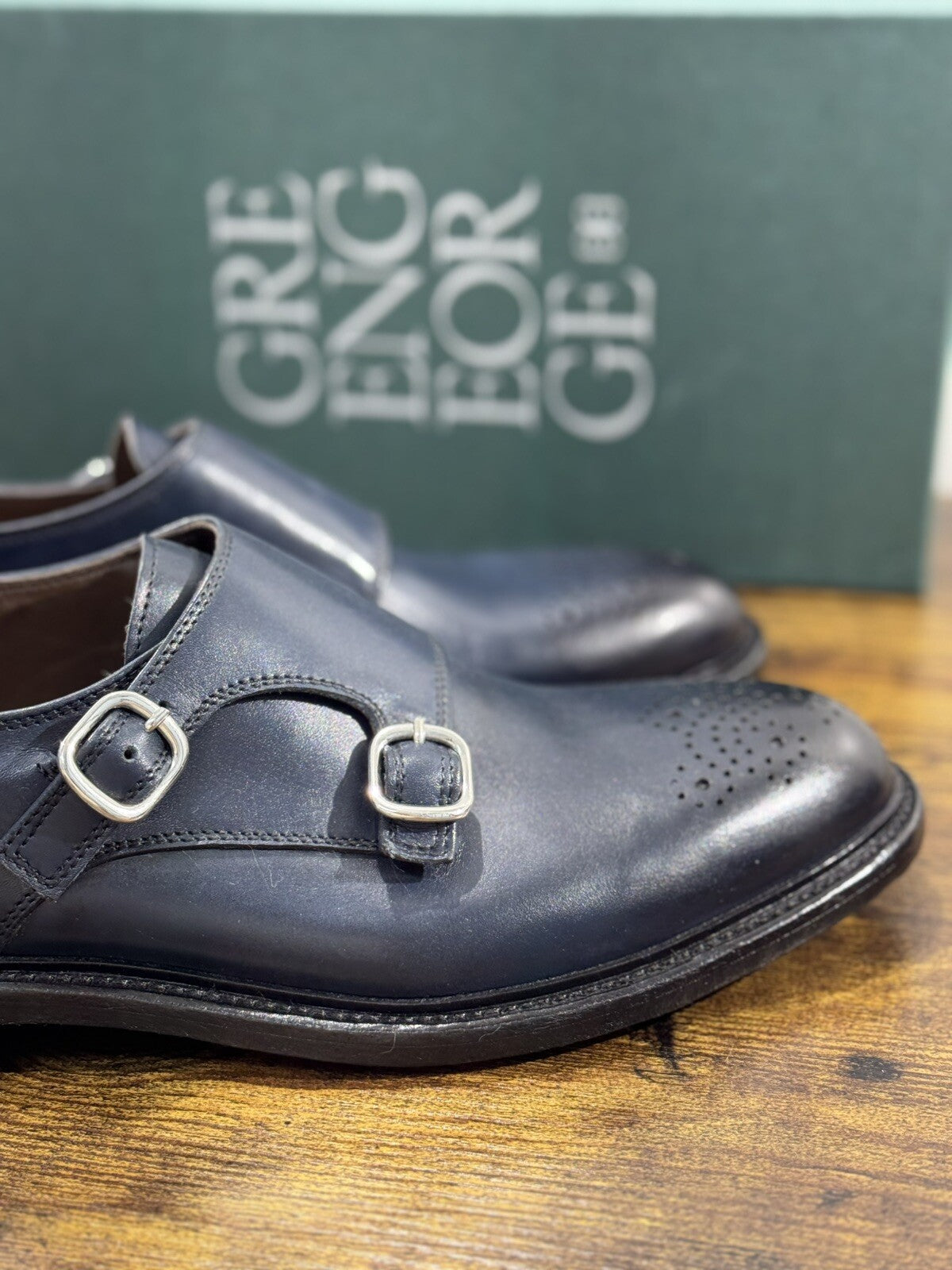 Green George Scarpa Uomo Doppia Fibbia Pelle Blu   Luxury Handmade 44