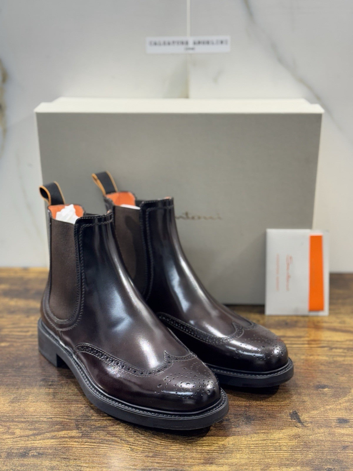 Santoni Chelsea Boot Brogue Dark Brown Pelle  Luxury Santoni Uomo 40