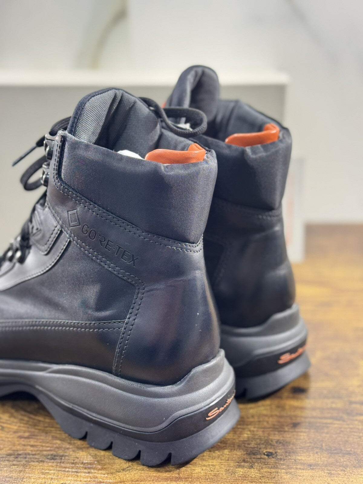 Santoni Mountain Boot Uomo Pelle Nero Gore Tex System Luxury Men Boot 40.5
