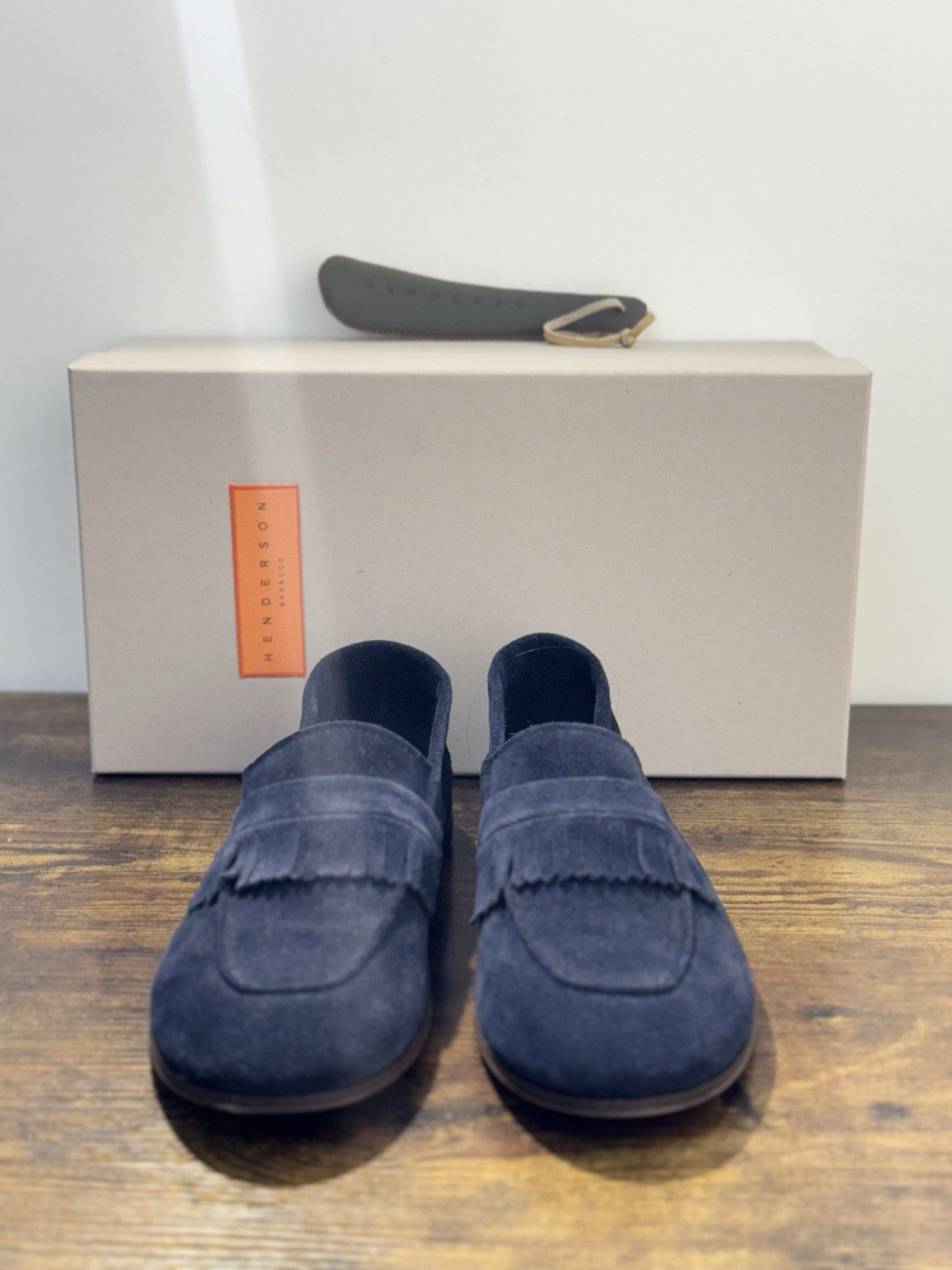 Henderson Baracco Mocassino  Pelle Suede Blu  Luxury Handmade Uomo 40