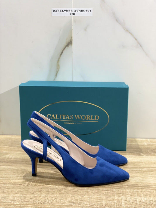 Calitas Scarpa Donna Slingback Kitten In Suede Azul Fondo Cuoio 40