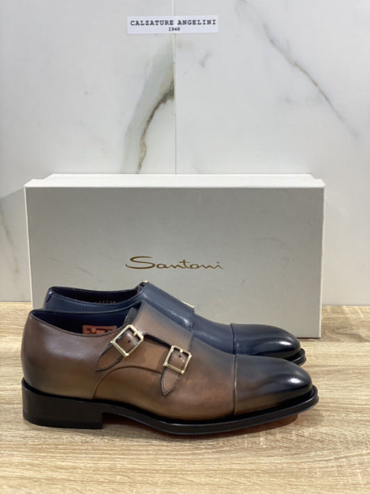 Santoni Doppia Fibbia Uomo In Pelle Blu Bicolor Lux Goodyear Double Buckle 39